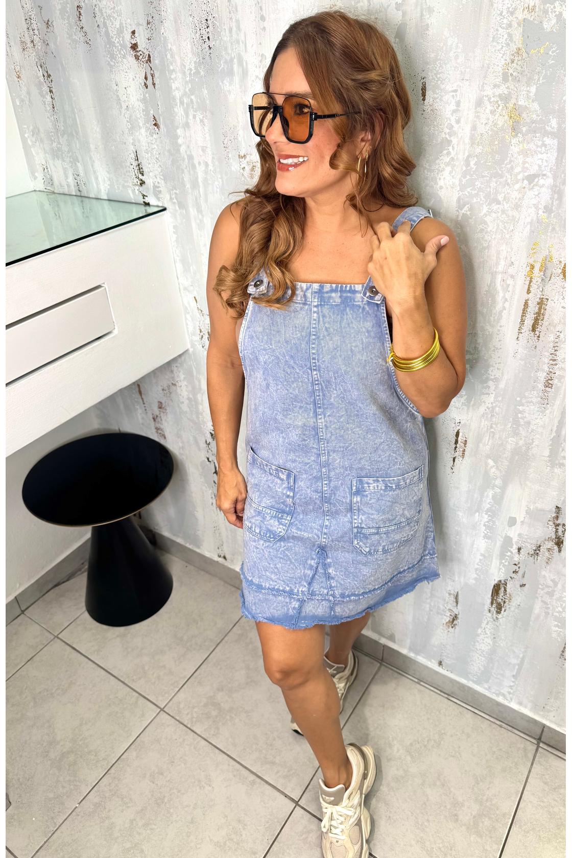 Washed Pockets Denim Mini Overalls Dress